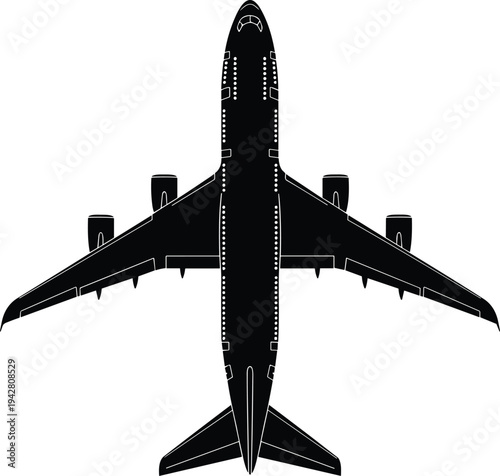 Top‑down black silhouette of large wide‑body commercial airplane with four engines, swept wings, and stabilizers, perfect for aviation design, engineering schematics, and educational projects.