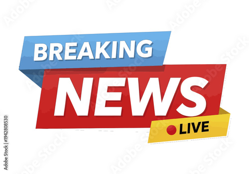 Breaking news live banner for broadcast and media, red blue and yellow colors
