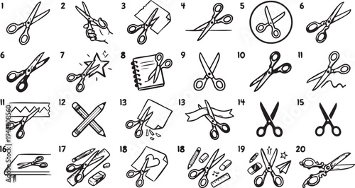 Collection of various black and white vector illustrations depicting scissors performing different cutting actions like snipping paper ribbons and crafting detailed shapes.