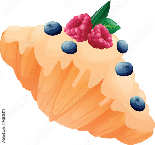 golden brown croissant topped with vanilla buttercream frosting and berries sits against a crisp white background, showing off its flaky and crispy layers in a flat lay composition.