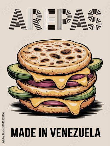 Arepas Food Poster, Venezuelan Colombian Street Food Sandwich Melted Cheese Cornmeal Flatbread Retro Kitchen Illustration Vintage Restaurant Menu Artwork Design