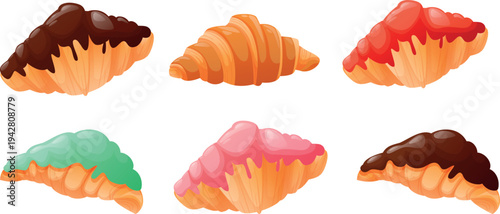 Bakery assortment set on a white background. Several types of croissants: classic, glazed, multicolored, and buttered. Bakery assortment.