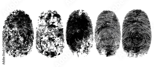 Abstract fingerprint imprint texture set. vector black grunge distressed ink evidence technology artistic dirty background design.