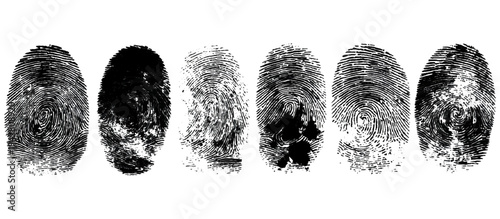 Abstract fingerprint imprint texture set. vector black grunge distressed ink evidence technology artistic dirty background design.