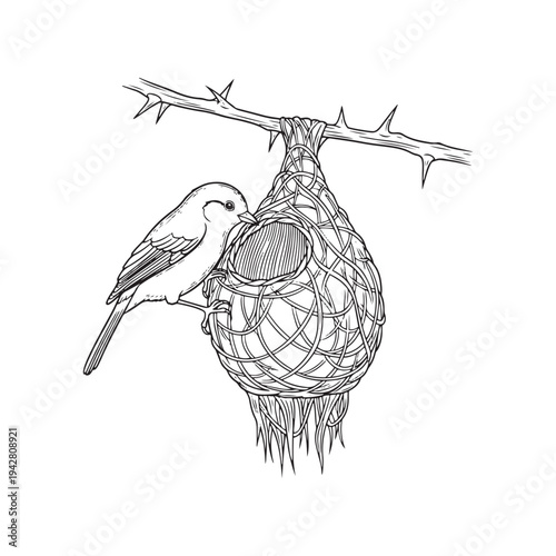 A bird perched beside its intricately woven nest on a thorny branch.