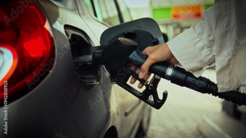 A young woman grips a fuel nozzle, fuelling a car's tank at a contemporary European gas station, showcasing modern technology in a typical parking setting for vehicles