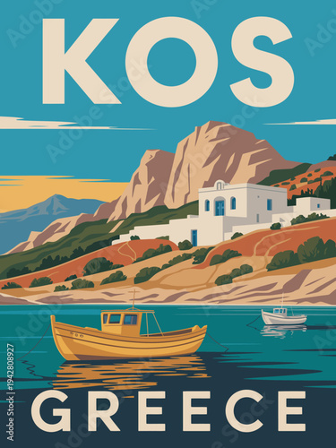 Kos Greece Travel Poster, Greek Orthodox Church Blue Doors White Architecture Mediterranean Island Vintage Retro Illustration Artwork Design