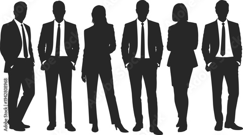 Vector silhouette of professional business people and corporate team standing in formal office wear suits for leadership teamwork and successful career concepts