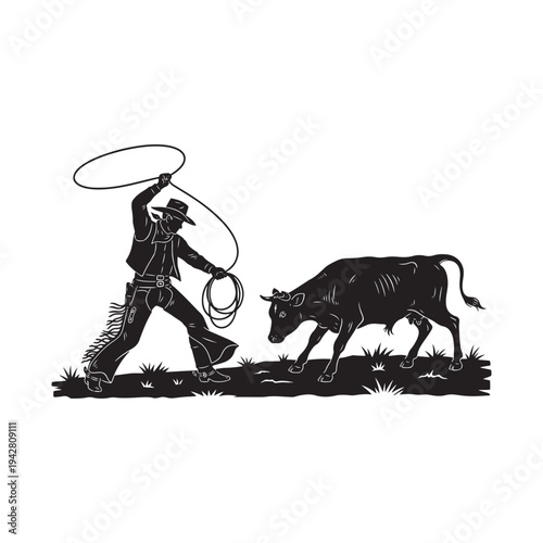 Cowboy herding cattle with a lasso in a classic illustration.