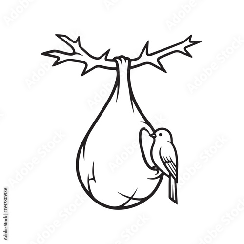 A simple black and white drawing of a bird perched on a teardrop shape with thorn branches.