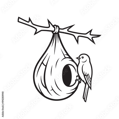 A simple bird's nest hanging from a thorny branch with a bird perched beside it.