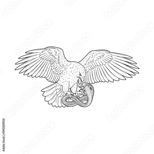A detailed black and white drawing of an owl in flight with spread wings.
