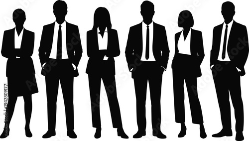 Professional business people silhouette vector illustration featuring a diverse group of corporate men and women in formal suits standing together for teamwork and leadership concepts