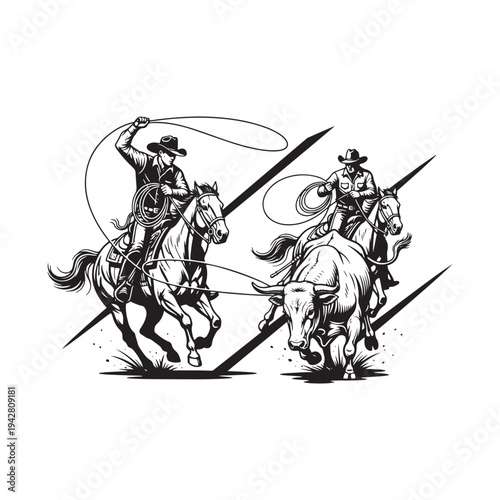 Cowboys on horseback roping a steer with skill and precision.