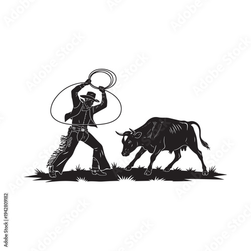 Cowboy skillfully roping a charging bull in a dynamic scene