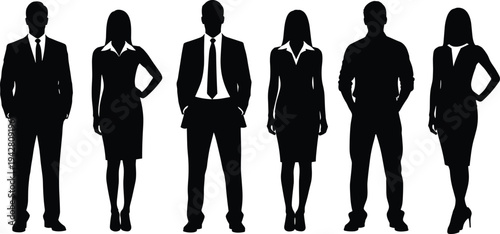 Business men and women silhouettes standing confidently in formal and casual attire, professional corporate team diversity concept isolated on white background