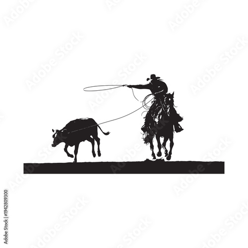 Cowboy on horseback lassoing a running cow in a classic western scene.