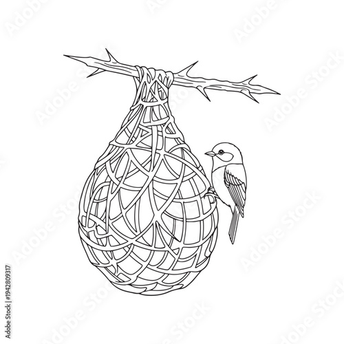 A bird perched on a woven basket hanging from a thorny branch.
