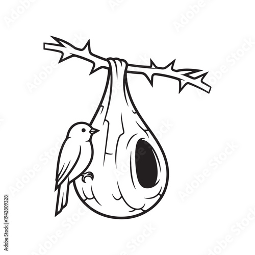 A bird perched beside its nest hanging from a thorny branch in a simple black and white illustration.