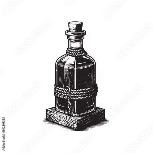 A mysterious bottle tied with rope on a wooden base stands alone.