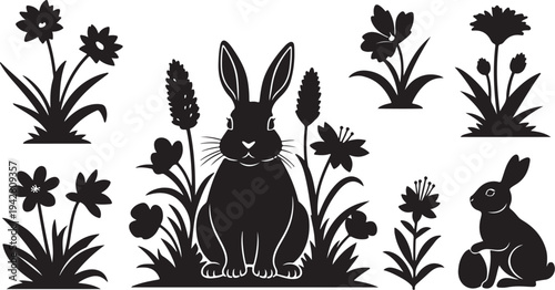 Black Silhouette of Rabbits and Flowers in Garden Scene