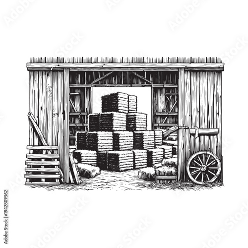 An old wooden shed filled with stacked bricks and a wheel nearby.