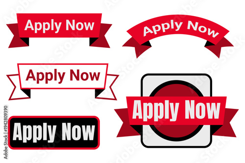 A collection of vibrant apply now ribbon and badge graphics in red white and black high quality professional detailed modern elegant stylish clean crisp colorful digital