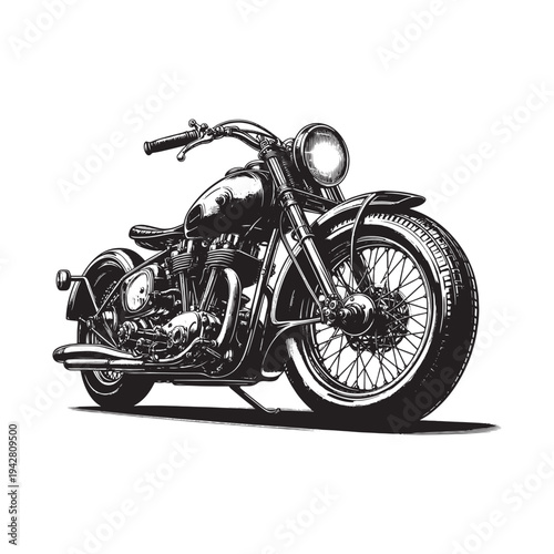 Vintage motorcycle illustration in black and white, showcasing classic design elements.