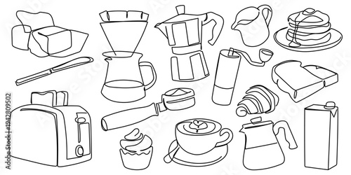 Continuous one line Hand drawn. Coffee equipment and supplies set, Moka pot, coffee grinder, portafilter, drip coffee maker, butter, toaster, milk carton, pitcher, latte art, croissant Editable stroke