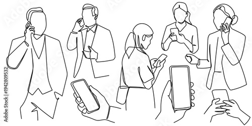 Continuous one line. Hand drawn. Smartphone usage set. Person talking on the phone. Hand holding the phone. Business person. Editable stroke.