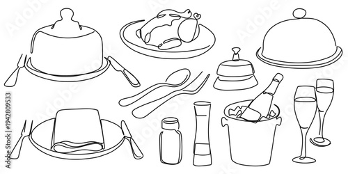 Continuous one line. Hand drawn. Dinner set. Food cover. Champagne. Champagne glass. Food ordering bell. Salt shaker. Pepper shaker. Food plate. Editable stroke.
