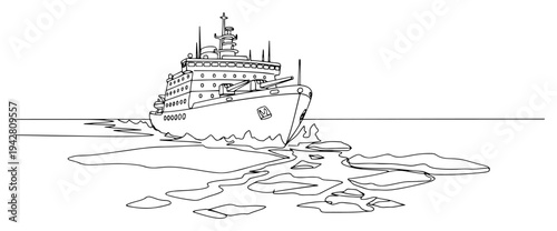 Icebreaker ship sailing through frozen arctic sea, continuous one line drawing vector, maritime transport, vessel crushing ice, north pole expedition