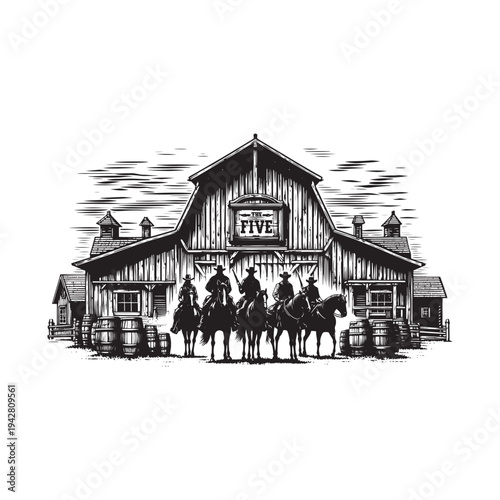 A black and white illustration of horseback riders outside a barn.