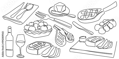 Continuous one line. Hand drawn. Steak and ingredients set. Lamb steak, butter, wine, tomatoes, spoon and fork, steak fork, Tomahawk steak. Editable stroke.