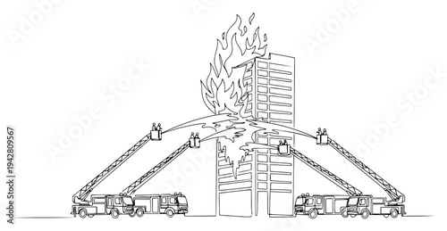 Firefighters fighting skyscraper fire with ladder trucks, continuous one line drawing vector illustration, emergency response concept, building on fire