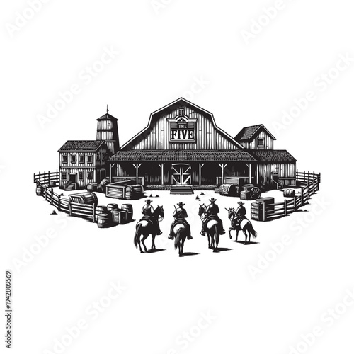 Ranch scene with horse riders near a large barn and outbuildings.