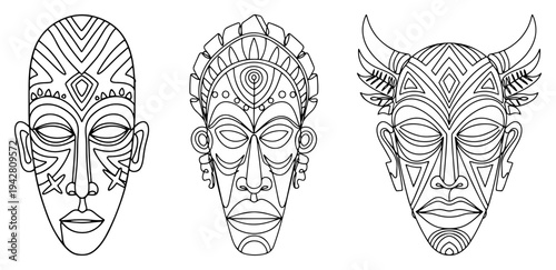 African tribal mask set, ethnic ornamental masks vector illustration, traditional ritual symbols, hand drawn line art for coloring book, indigenous culture