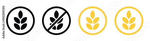 Gluten free label vector icons set, featuring no wheat symbols, templates for gluten-free food packaging, dietetic products, and nutrition signs in vector illustration.