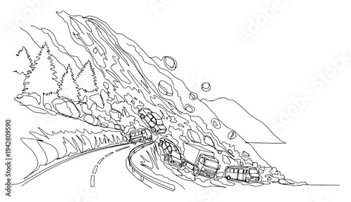 Massive landslide on mountain road with vehicles, continuous one line drawing vector, natural disaster concept, avalanche hitting forest highway