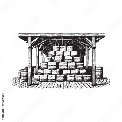 Vintage illustration of a wooden warehouse with stacked crates and barrels under a sloping roof.
