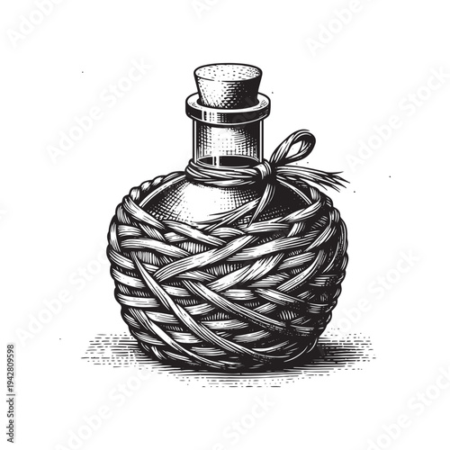 An old-fashioned bottle wrapped in wicker and tied with a bow.
