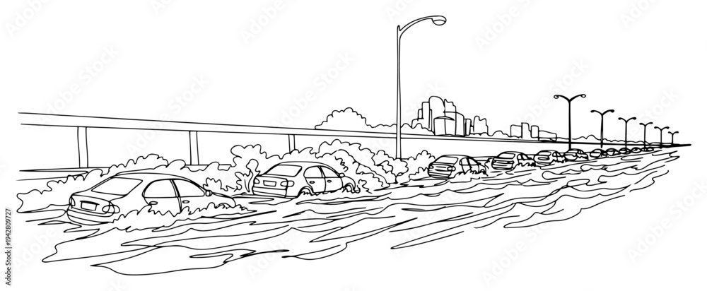 Fototapeta premium Flooded highway with cars submerged in water, continuous one line drawing vector, natural disaster and extreme weather flood concept