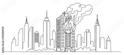 Skyscraper on fire in city skyline with smoke, continuous one line drawing vector, urban emergency and disaster concept