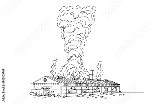 Industrial warehouse factory fire with huge smoke plume, continuous one line drawing vector illustration, workplace accident disaster concept