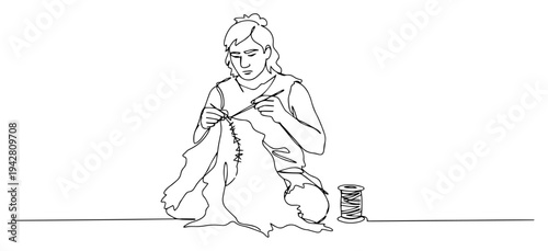 Woman artisan sewing or working on leather handicraft, continuous one line drawing vector, handmade craft and tailoring concept