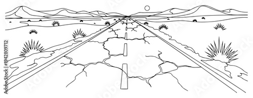 Cracked road in desert landscape under hot sun, continuous one line drawing vector, travel and adventure concept, infinite perspective highway