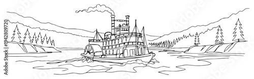 Vintage paddle steamer boat on a river with mountains, continuous one line drawing vector, historic riverboat travel and sightseeing concept