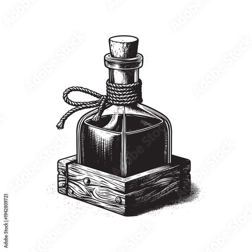A mysterious bottle with a cork and rope on a wooden base is displayed.