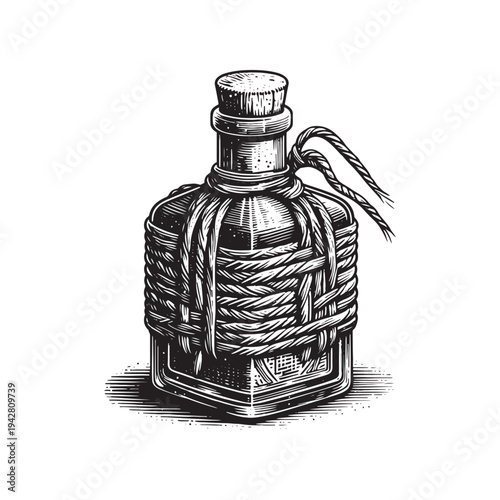 A vintage bottle with a cork stopper and rope wrapping, in a classic illustration style.