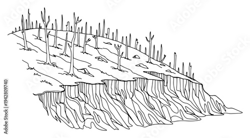 Soil erosion and landslide on hill with dead trees, continuous one line drawing vector, environmental disaster and climate change concept